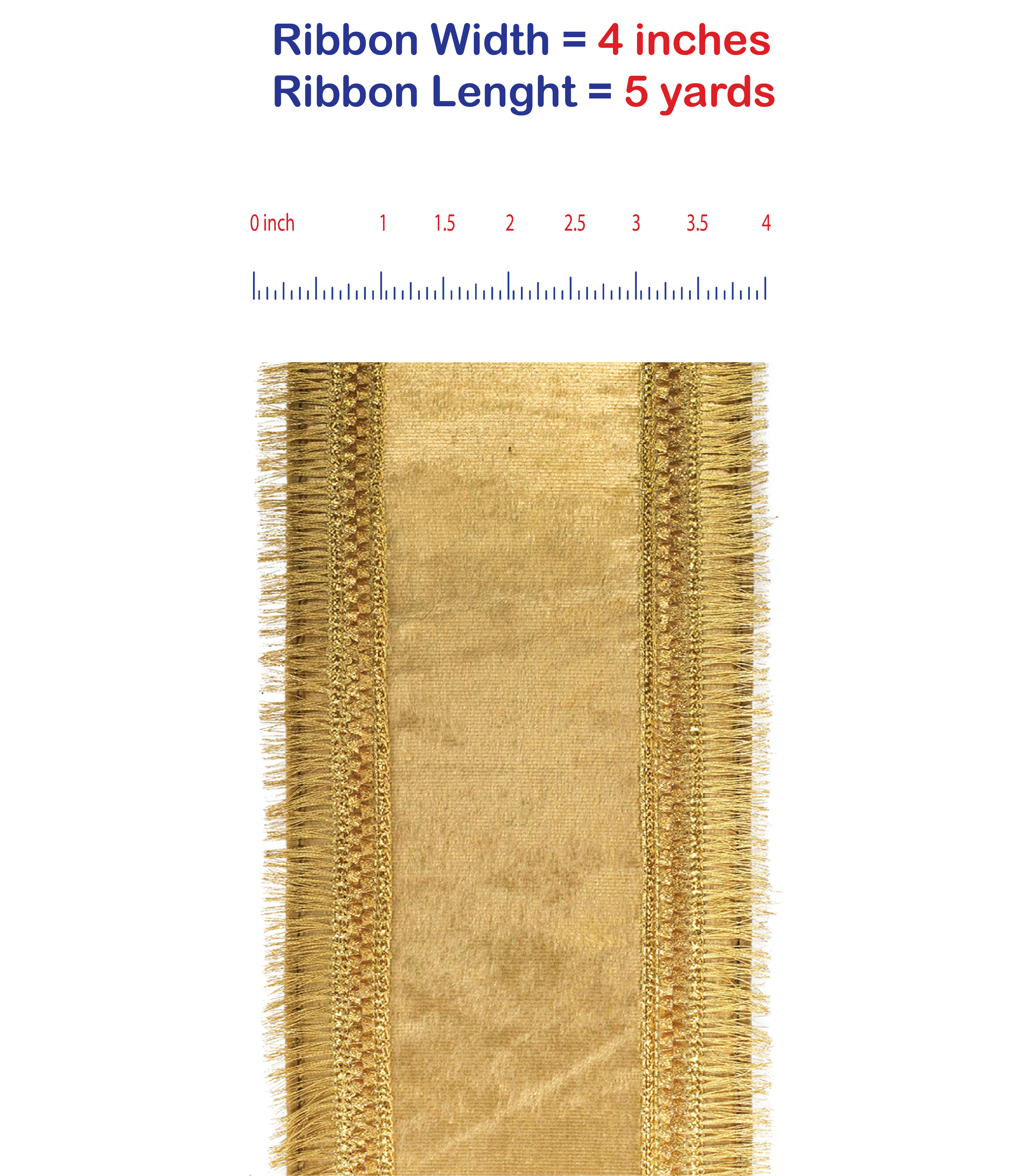 5 yards --- 4 inch -- Gold Color -- Plush Velvet Fringed Trimming Deluxe Dupioni Backed Wired Edge -- Christmas Ribbon