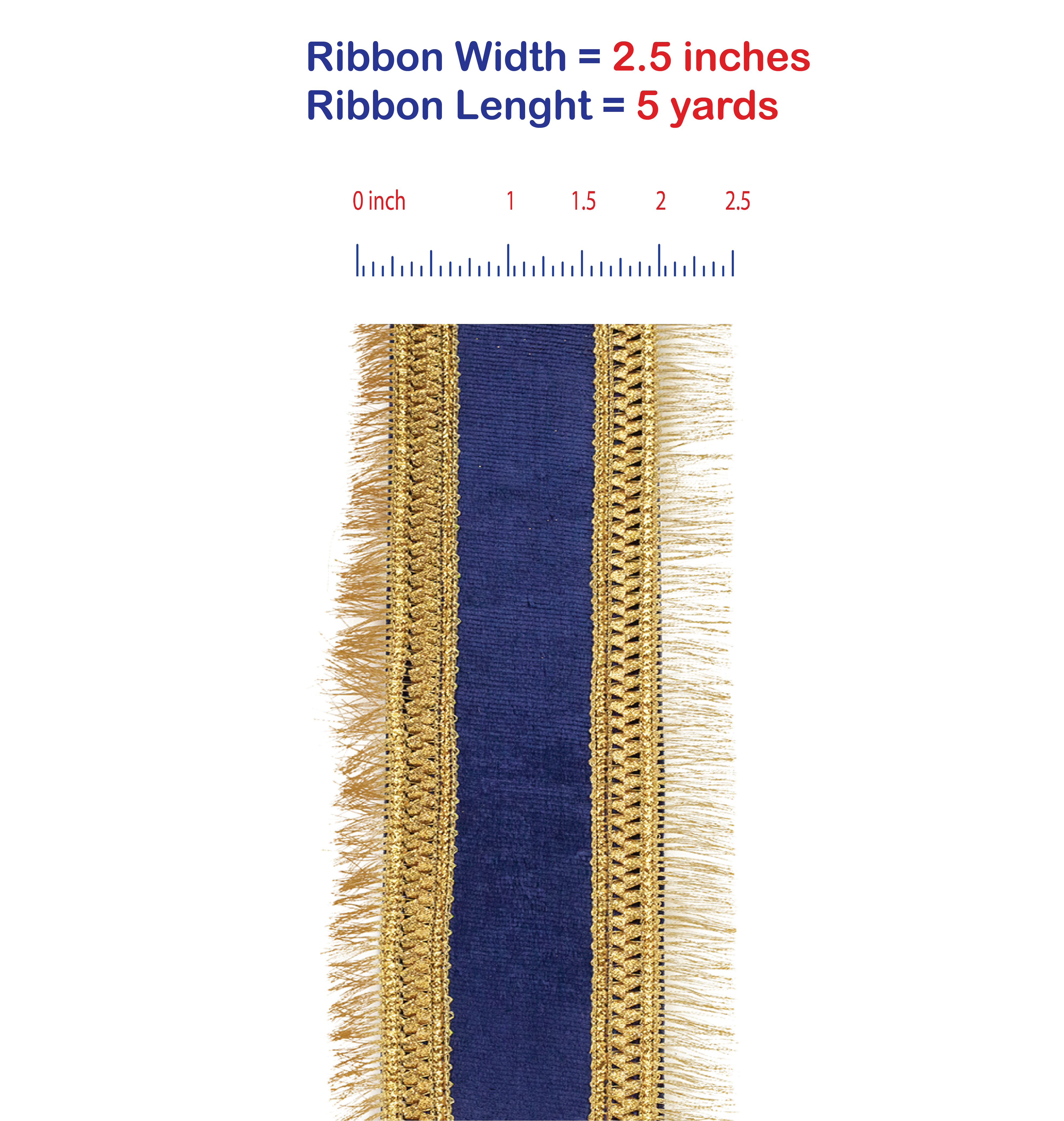 5 yards --- 2 ½ inch -- Navy Color -- Plush Velvet Regal Trimming Fringe Deluxe Overlay Wired Edge - Christmas Ribbon