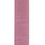 Load image into Gallery viewer, Close-up of the Rose Mauve Dupioni Supreme ribbon showcasing the slubbed faux silk weave and matching stitched wired edge for professional bow making.
