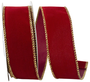 Outdoor Ribbon --- 1-1/2 inch  x  10 yards - Value Velvet Wired Edge Ribbon -- Scarlet / Gold Color