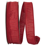 Load image into Gallery viewer, Large 50-yard roll of Florist Basics Dupioni Supreme Wired Edge Ribbon in Scarlet featuring a vibrant faux silk finish and flexible wired edges for commercial decorating and event design.
