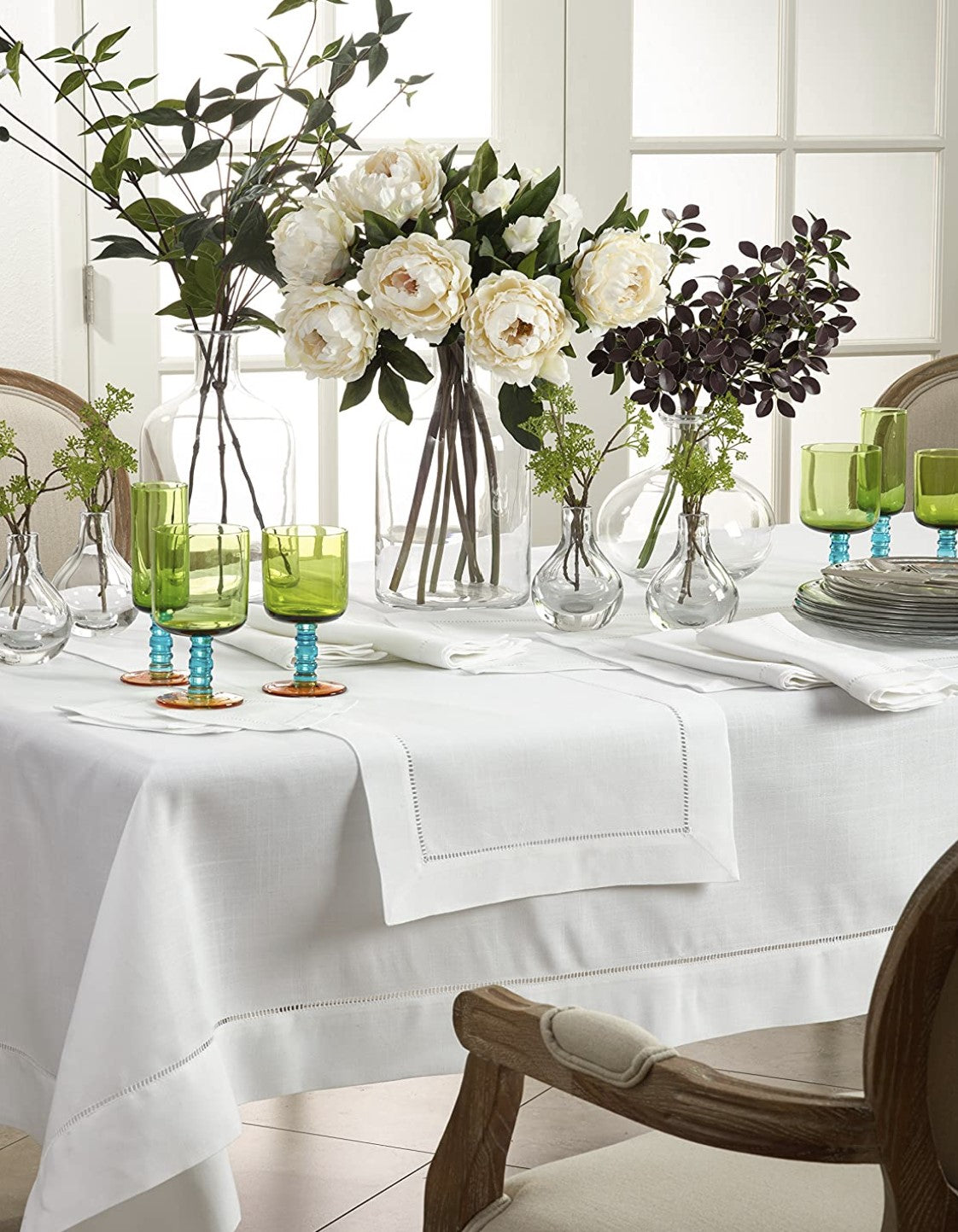 Classic Hemstitch Tablecloths --- 100% Linen, White Color --- Various Sizes
