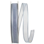 Load image into Gallery viewer, Charlize sheer satin wired edge ribbon spool in silver color. Available in multiple widths for gift wrapping, floral design, weddings, and craft projects.
