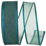 Load image into Gallery viewer, Charlize sheer satin wired edge ribbon spool in teal color. Available in multiple widths for gift wrapping, floral design, weddings, and craft projects.
