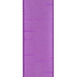 Load image into Gallery viewer, Close-up of the Violet Dupioni Supreme ribbon showcasing the slubbed faux silk weave and matching stitched wired edge for professional bow making.
