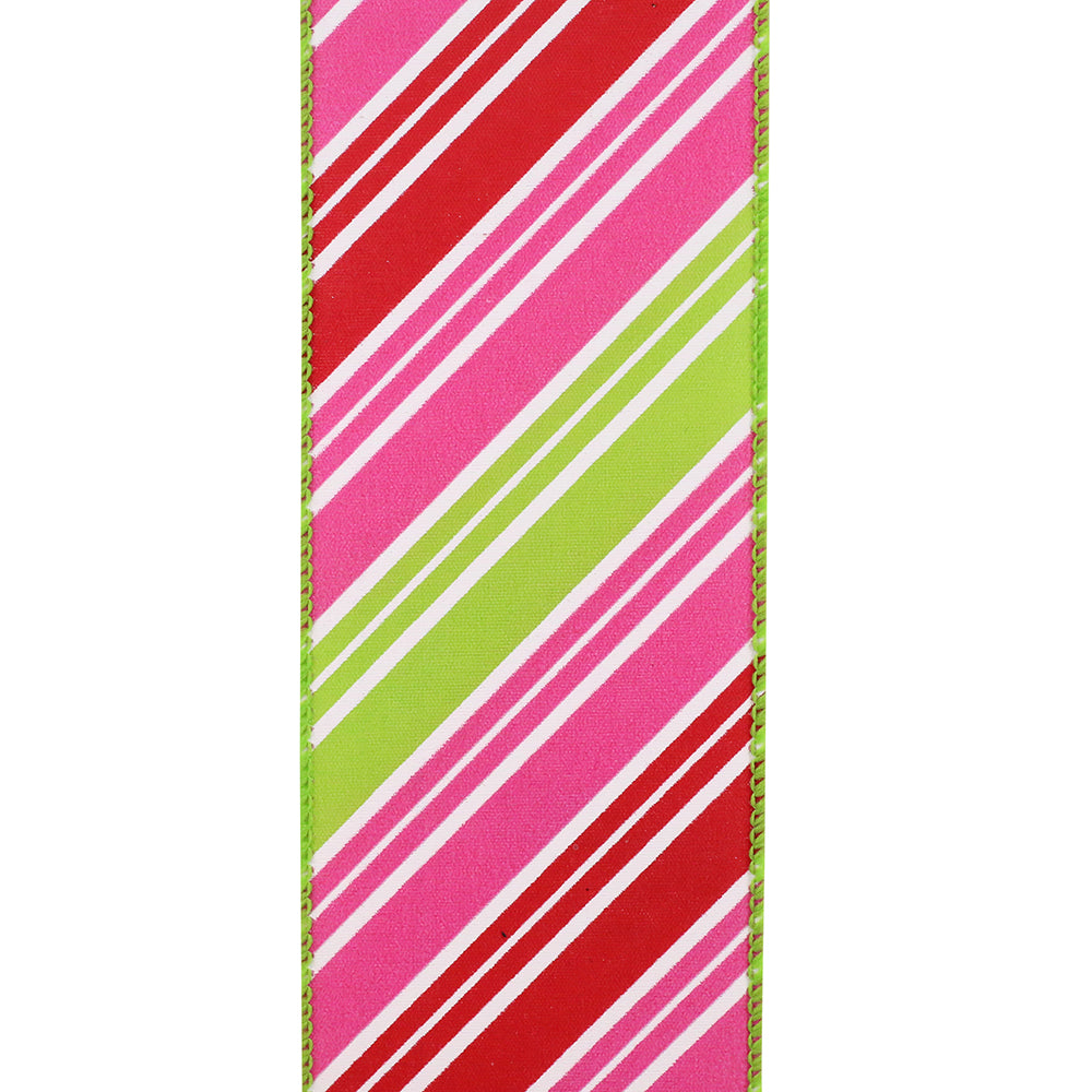 Easter Ribbons -- Diagonal Multi Stripe Bright Wire Edge Ribbon -- Watermelon -- Various Sizes