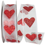 Load image into Gallery viewer, Valentine&#39;s Ribbon --- 25 yards --- 1 ½ inches -- Sheer Big Heart Wired Edge -- (White)
