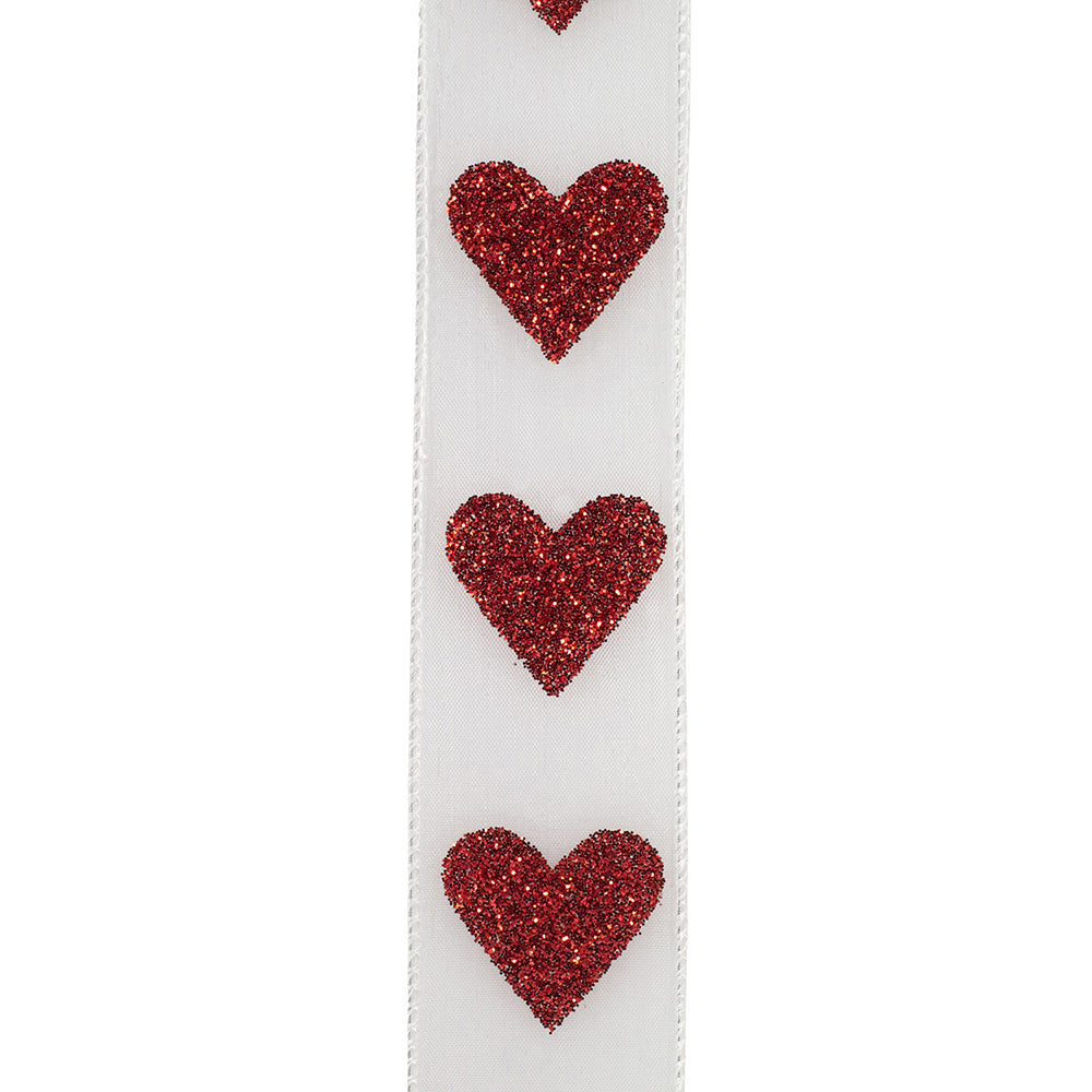 Valentine's Ribbon --- 25 yards --- 1 ½ inches -- Sheer Big Heart Wired Edge -- (White)