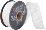 Load image into Gallery viewer, Side View of a Florist Basics Dupioni Supreme Wired Edge Ribbon in vibrant White, 1½ inch wide by 10 yards, displaying its luxurious faux dupioni texture and flexible wired edges for decorative bows and wreaths.
