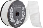 Load image into Gallery viewer, Side view of a commercial-size roll of Florist Basics Dupioni Supreme Wired Edge Ribbon in White, 2½ inches wide by 50 yards, perfect for event decorating, wreath production, and large-scale holiday displays.
