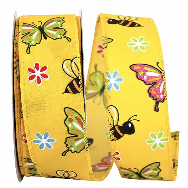 Butterflies & Bees Design - Wire Edge Ribbon -- Yellow -- Various Sizes