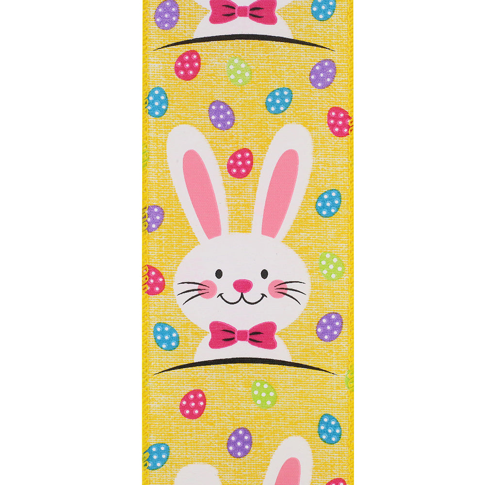 Easter Ribbons -- 2.5 in x 10 yards ---- Bunny Face Multi Egg Wire Edge Ribbon ---- Yellow Color