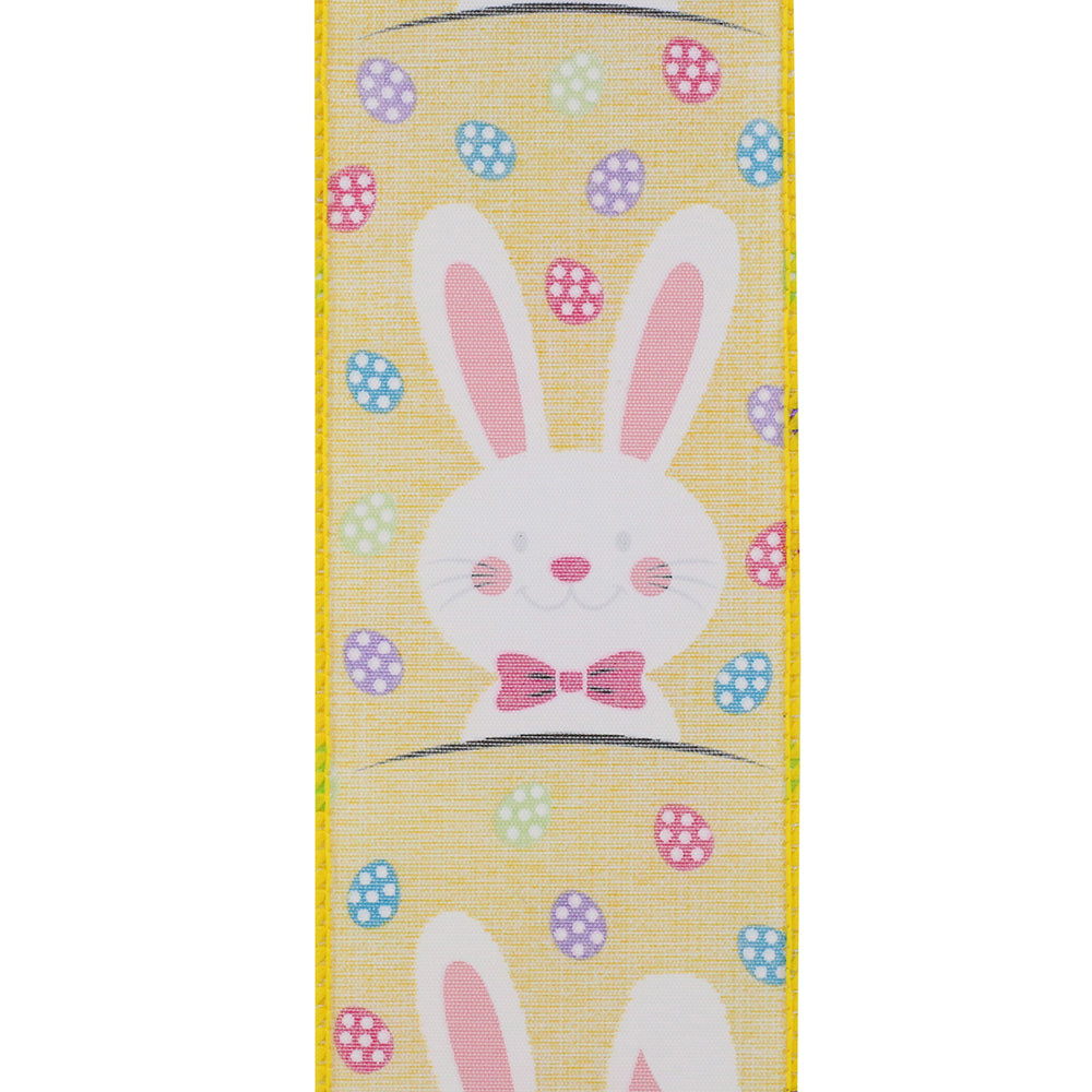 Easter Ribbons -- 2.5 in x 10 yards ---- Bunny Face Multi Egg Wire Edge Ribbon ---- Yellow Color