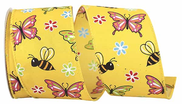 Butterflies & Bees Design - Wire Edge Ribbon -- Yellow -- Various Sizes