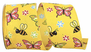 Butterflies & Bees Design - Wire Edge Ribbon -- Yellow -- Various Sizes