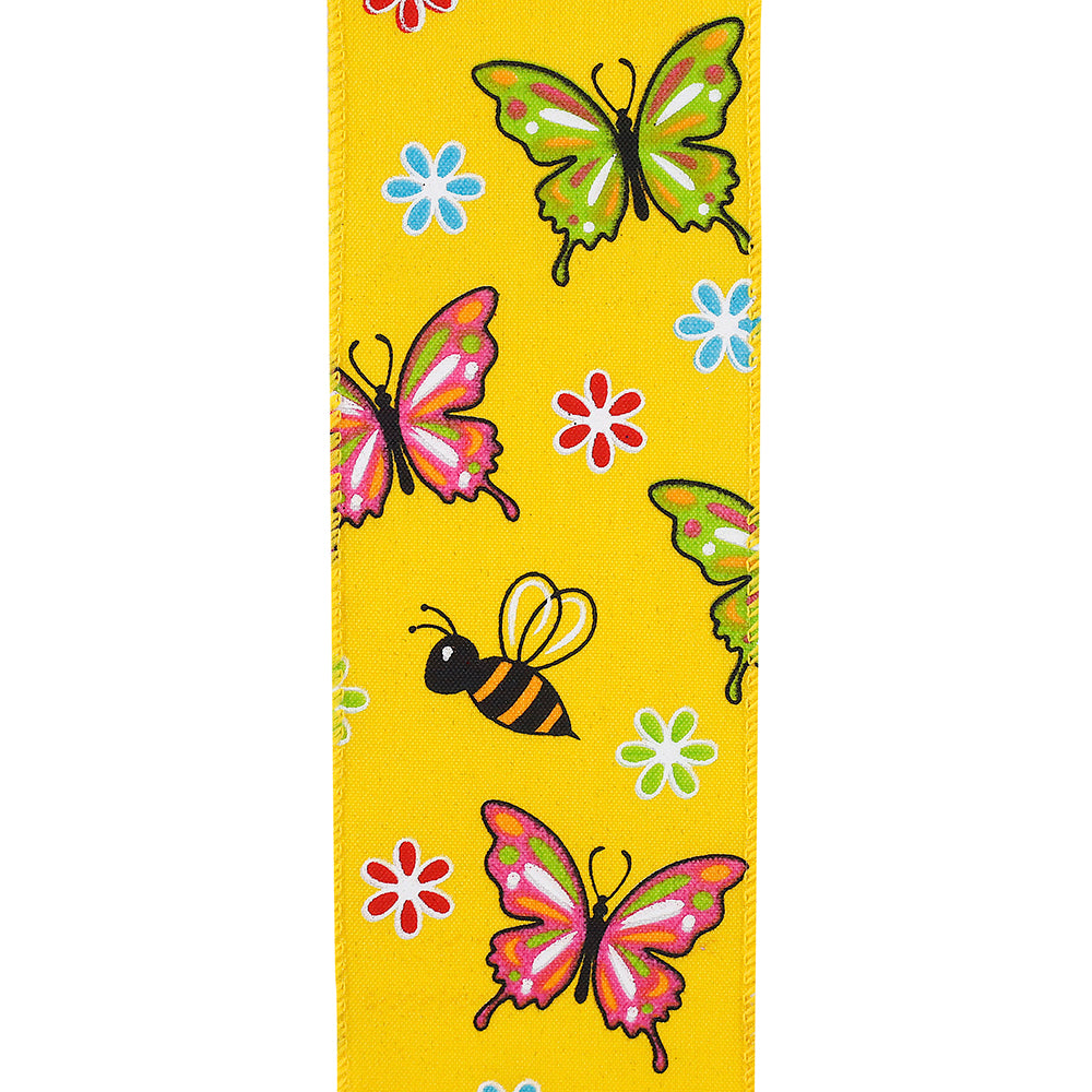 Butterflies & Bees Design - Wire Edge Ribbon -- Yellow -- Various Sizes