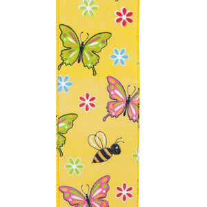 Butterflies & Bees Design - Wire Edge Ribbon -- Yellow -- Various Sizes