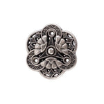 Load image into Gallery viewer, An ornate antique silver Geo Flower Metal button highlighting an intricate geometric floral design with a clear central accent and detailed textured borders
