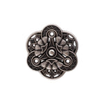 Load image into Gallery viewer, An ornate antique silver Geo Flower Metal button highlighting an intricate geometric floral design with a clear central accent and detailed textured borders
