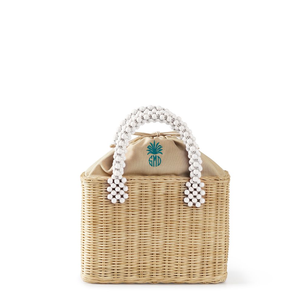 Wicker Bag --- White Beaded Handles