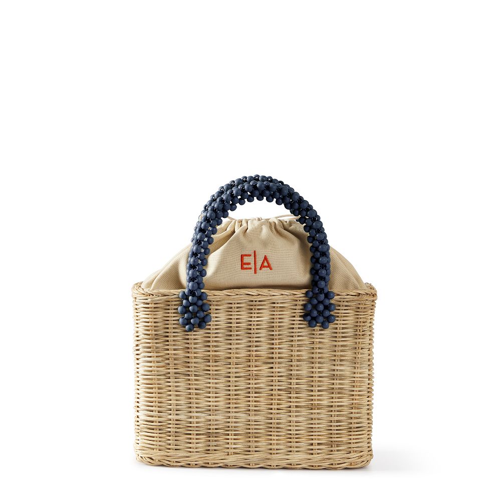 Wicker Bag --- Navy Beaded Handles