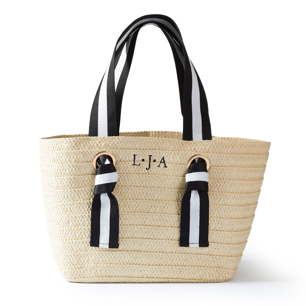 Natural Straw Tote with Black & White Striped Ribbon
