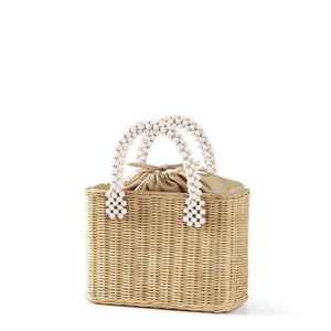 Wicker Bag --- White Beaded Handles