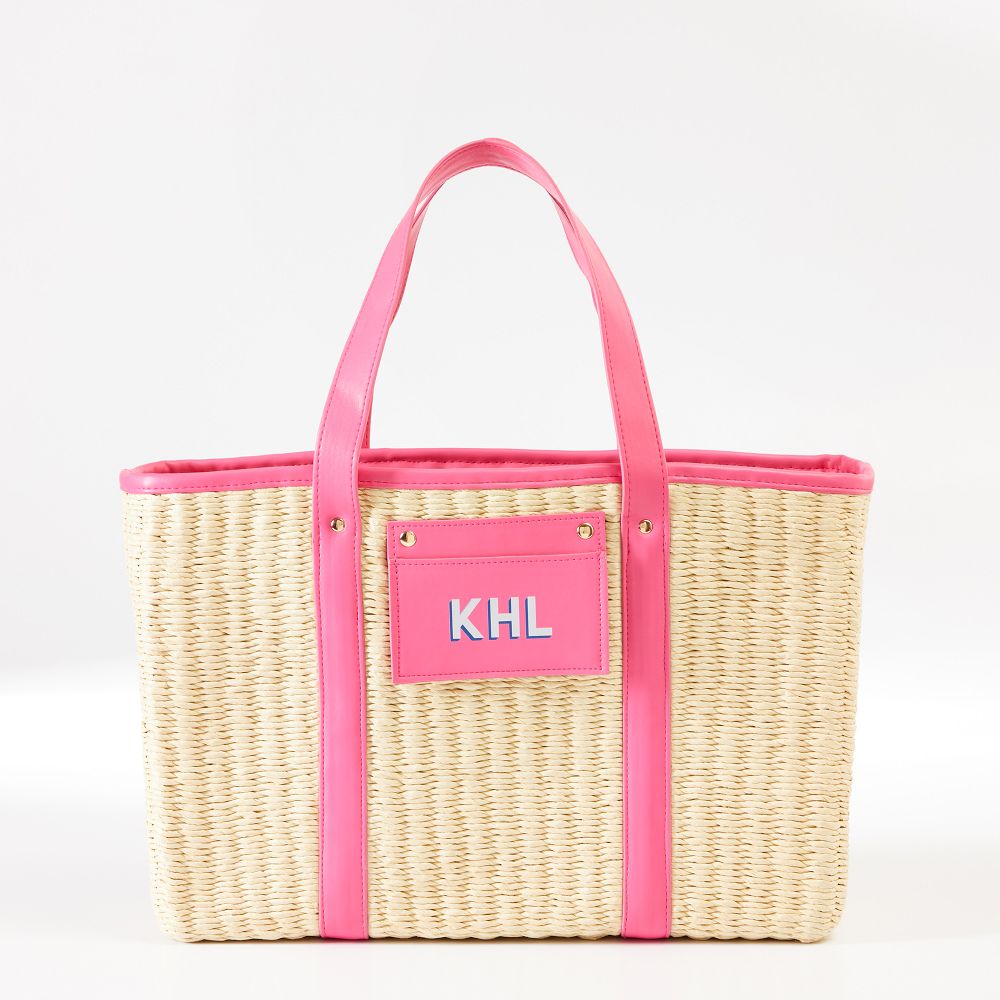 Woven Natural Straw Tote with Faux Leather Trims (Bright Pink)