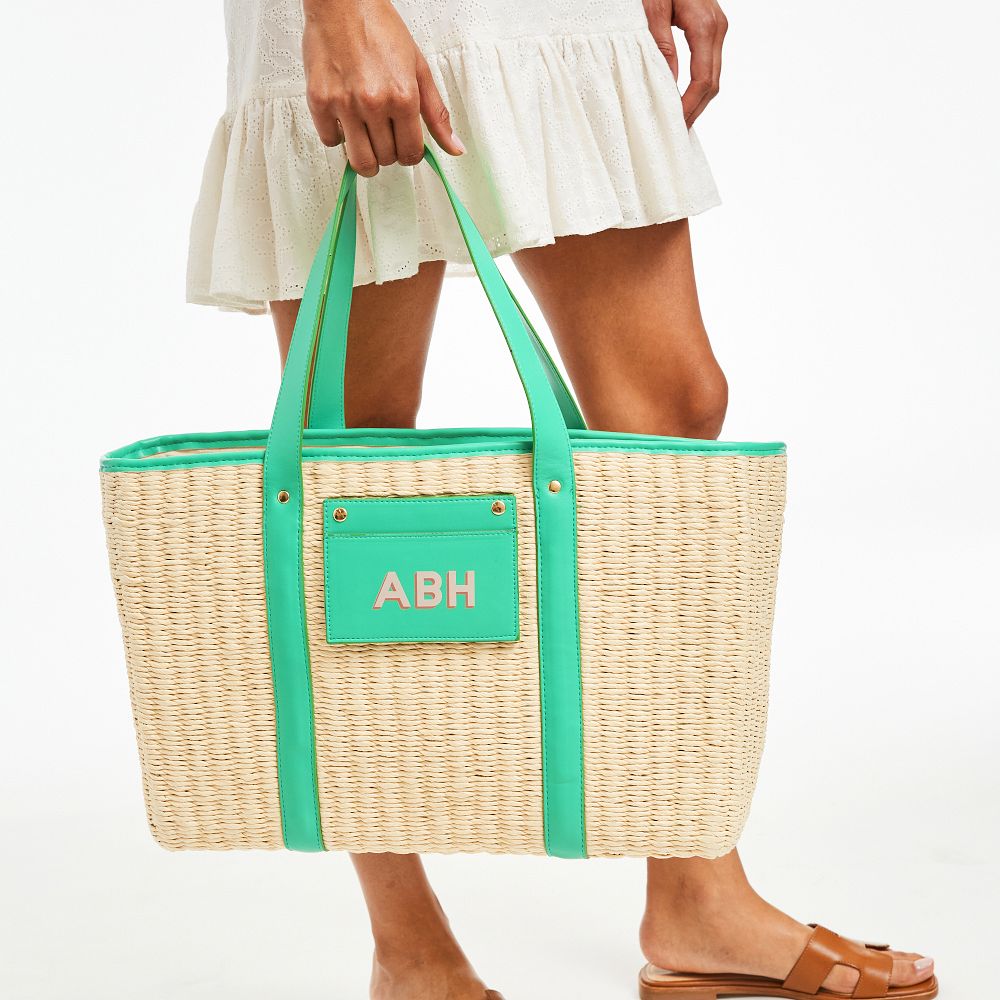 Woven Natural Straw Tote with Faux Leather Trims (Mint)