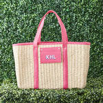 Load image into Gallery viewer, Woven Natural Straw Tote with Faux Leather Trims (Bright Pink)
