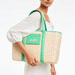 Load image into Gallery viewer, Woven Natural Straw Tote with Faux Leather Trims (Mint)
