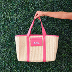 Load image into Gallery viewer, Woven Natural Straw Tote with Faux Leather Trims (Bright Pink)
