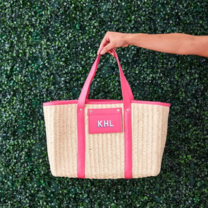 Woven Natural Straw Tote with Faux Leather Trims (Bright Pink)