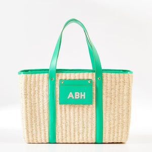 Woven Natural Straw Tote with Faux Leather Trims (Mint)