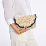 Load image into Gallery viewer, Scalloped Raffia Clutch - Navy Border
