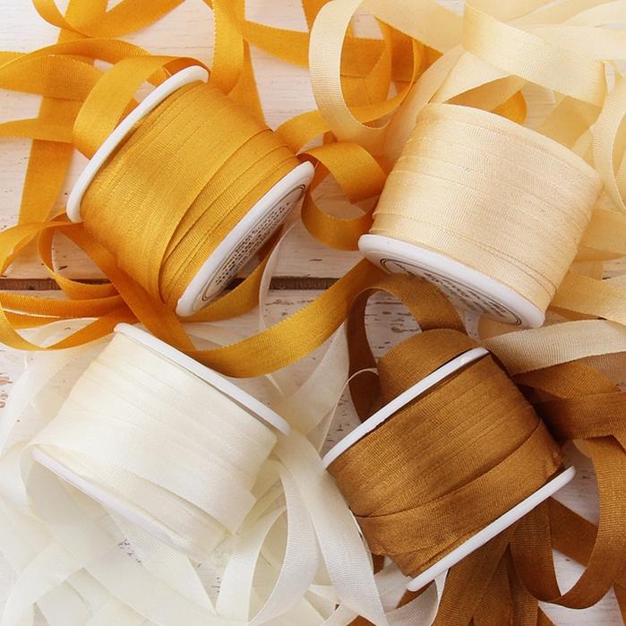 1/4"  Silk Ribbon, 4 Spool Collection (Cream, Pastel Peach, Orange Yellow & Golden Tan), 10 Yards each