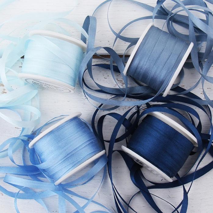 1/8"  Silk Ribbon, 4 Spool Collection (Slate Blue, Medium Blue, Pale Blue & Navy), 10 Yards each