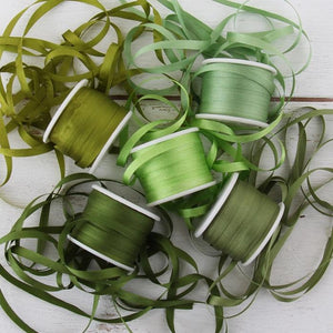 1/8"  Silk Ribbon, 5 Spool Collection (Nile Green, Dark Sage, Sage Green, Lime Green & Avocado), 10 Yards each