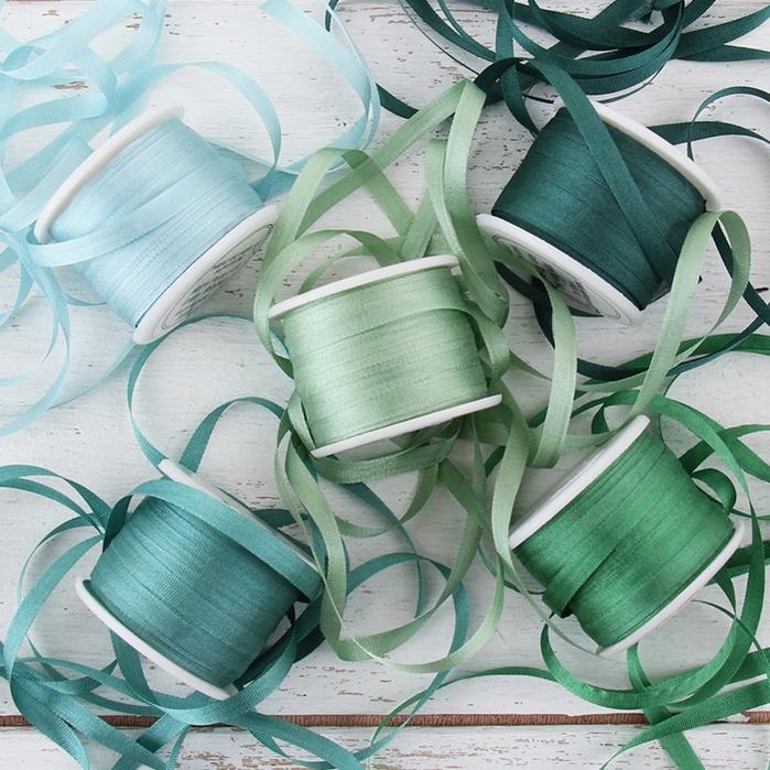 1/8"  Silk Ribbon, 5 Spool Collection (Teal, Light Teal, Seafoam Green, Teal Green & Wintergreen), 10 Yards each