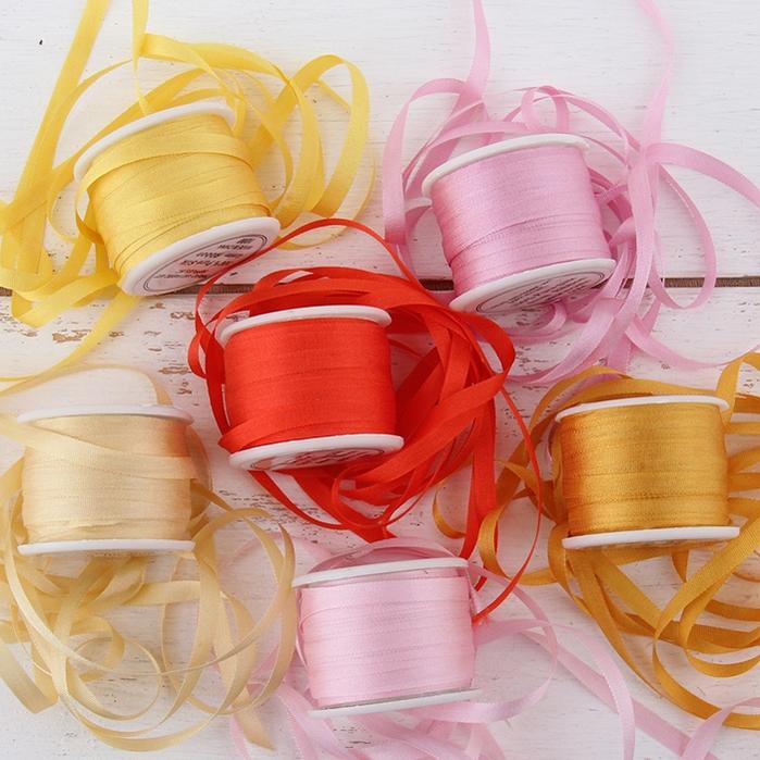1/8"  Silk Ribbon, 6 Spool Collection (Pastel Peach, Pink, Sun Gold, Orange Yellow, Poppy Red & Mauve), 10 Yards each