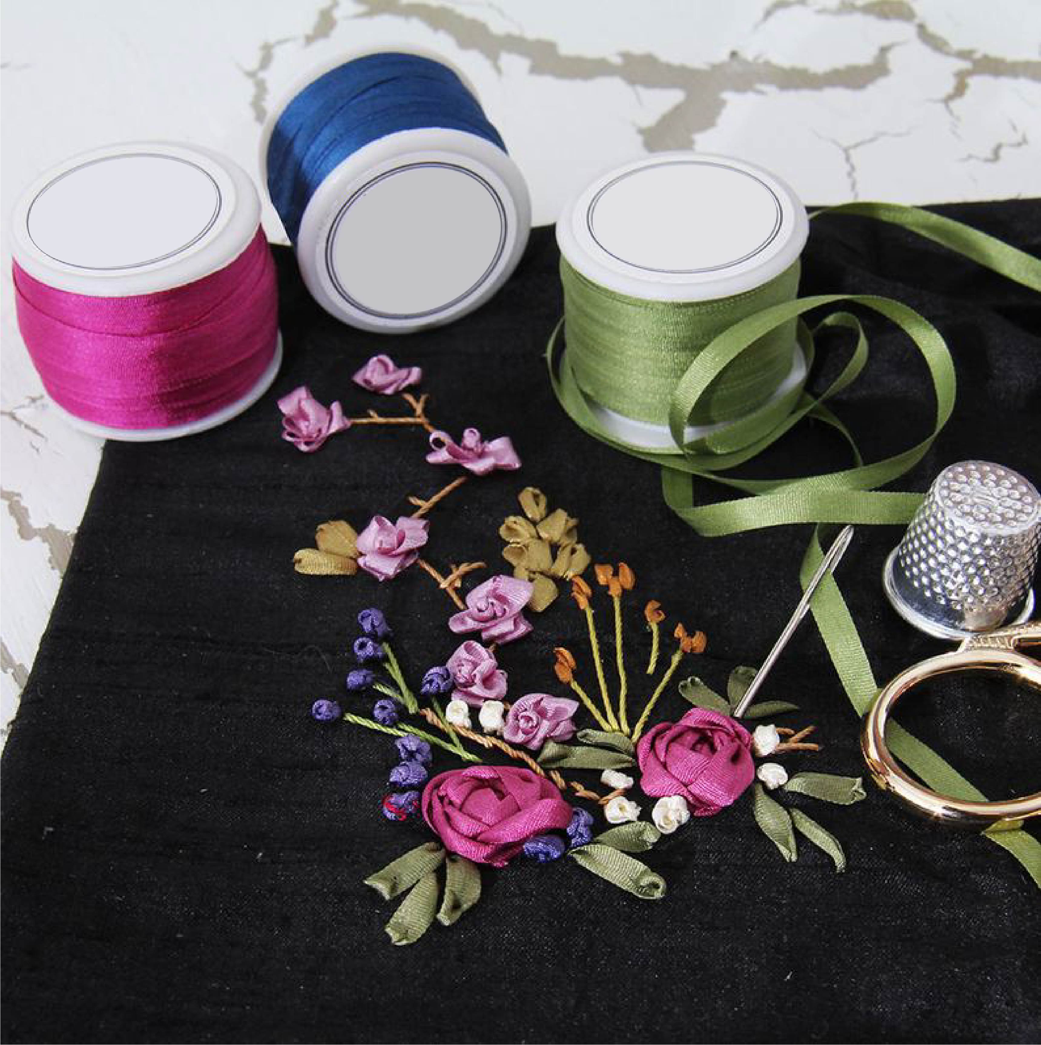 1/8"  Silk Ribbon, 4 Spool Collection (Red, Medium Blue, Dusty Rose & Lime Green), 10 Yards each