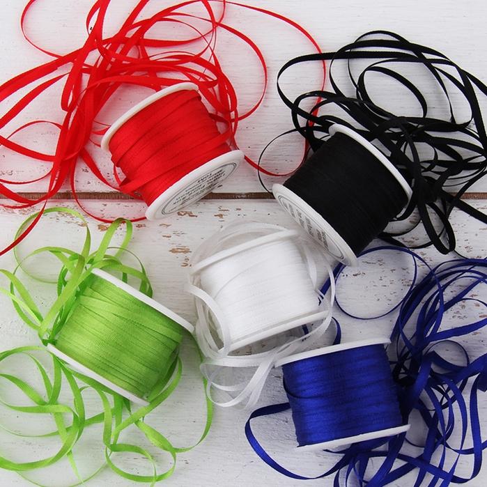 1/16"  Silk Ribbon, 5 Spool Collection (White, Red, Blue, Lime Green & Black), 10 Yards each