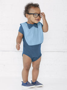 Baby Bib with Contrast self-fabric binding and bow tie, (Light Blue / Indigo Bow/ Indigo Trim)