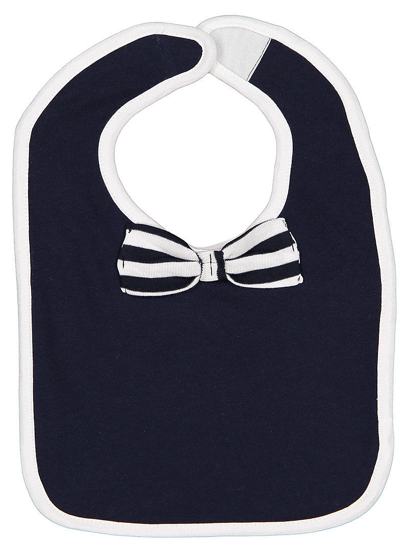 Baby Bib with Contrast self-fabric binding and bow tie, (Navy / Navy-White Stripe / White)
