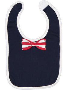 Baby Bib with Contrast self-fabric binding and bow tie, (Navy / Red-White Stripe / White)