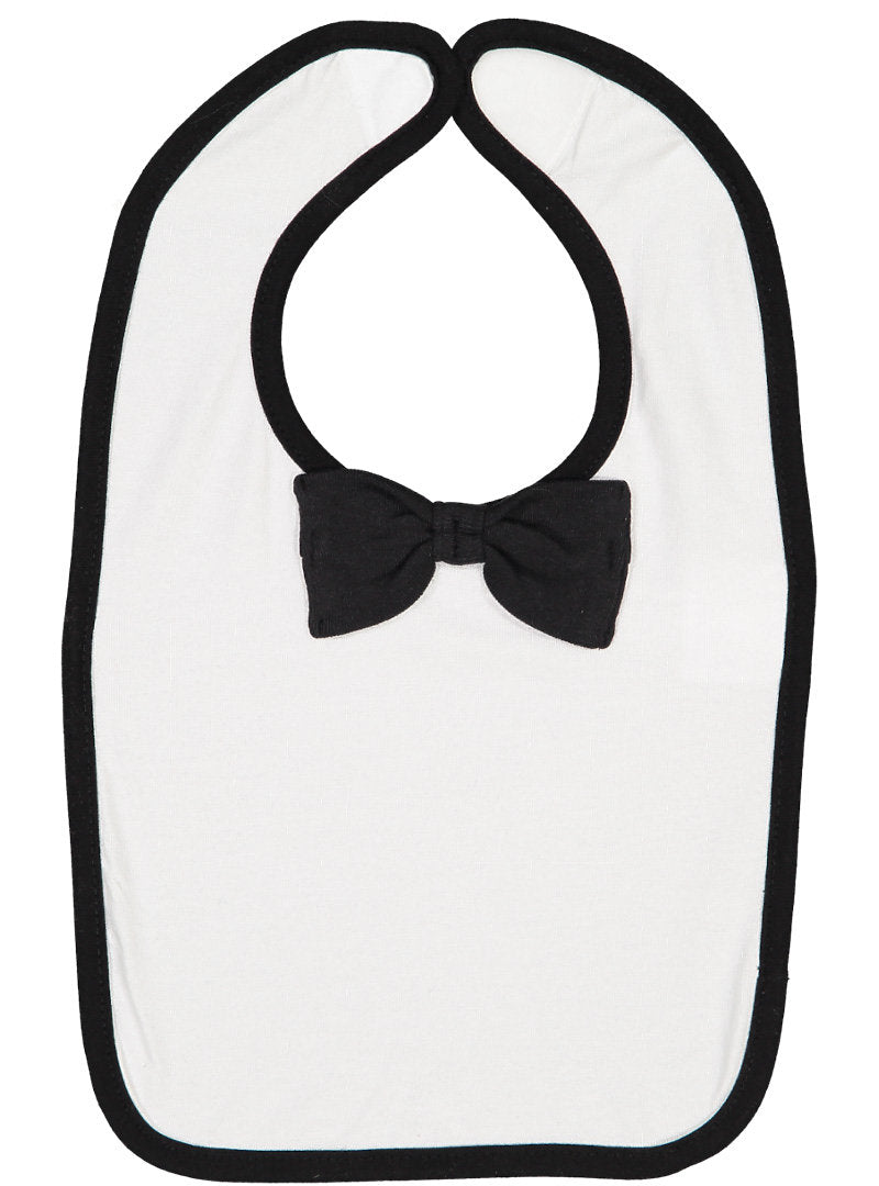 Baby Bib with Contrast self-fabric binding and bow tie, (White / Black Bow/ Black Trim)