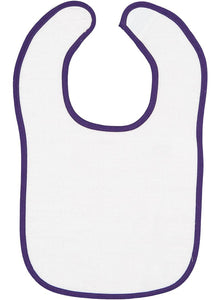 Embroidery Baby Bib -- White with Purple Contrast Trim,  100% Cotton Terry