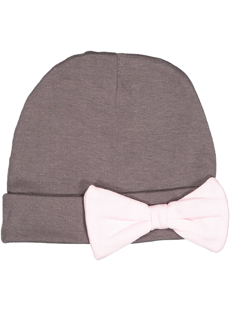Baby Folded Beanie Cap with Bow, 100% Cotton, (Charcoal & Light Pink)