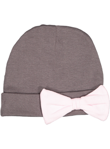 Baby Folded Beanie Cap with Bow, 100% Cotton, (Charcoal & Light Pink)