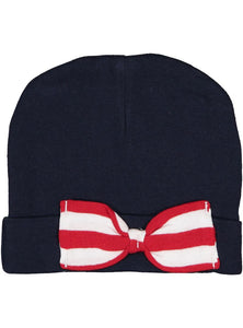 Baby Folded Beanie Cap with Bow, 100% Cotton,  (Navy, Red & White)